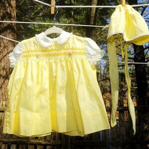 VTG 60s 70s Penney's Toddletime Toddler Girls Yellow Dress & Bonnet Set 12-18M